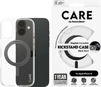 Zdjęcie produktu dla CARE by PanzerGlass Feature Case Transparent z czarną podpórką i MagSafe iPhone 16 | CARE