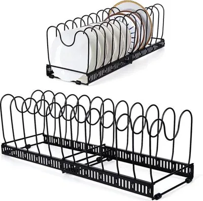 Image de Organisateur de casseroles et de poêles Unyqoos® – 12 compartiments, divisible et extensible, structure en fer avec revêtement en silicone, pieds antidérapants et résistants aux rayures, couleur noire