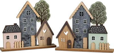 Produktbild von 2er Set Dekoobjekte Häuserzeile mit Baum H. 24cm aus Filz und Holz Formano F25