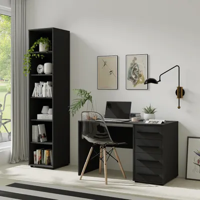 A home office setup with a desk, chair, and bookshelf.