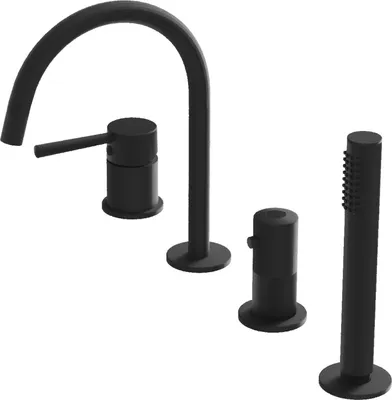 A black faucet set for a bathtub, including a main faucet, a hand shower, and two control knobs, displayed on a white background.