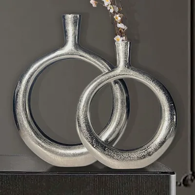 Produktbild von FineBuy Deko Vase 2er Set Aluminium Silber Donut Blumenvase Modern Dekovase Rund 2-teilig für Blumen Alu Tischvase Wohndeko Tischdeko Handgefertigt