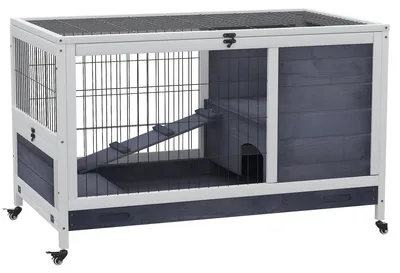 Immagine prodotto di Gabbia per Conigli e Porcellini d'India 90x53x59 cm con Ruote in Legno Grigia