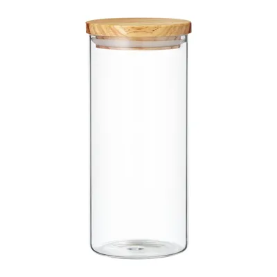 A clear studio shot of a glass storage jar with a bamboo lid.