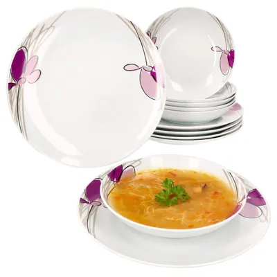 Image de 12pcs Service de table Viola Porcelaine 6 personnes Assiette creuse Assiette à soupe Fleurs