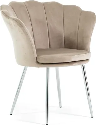 Immagine prodotto di Sedia in velluto SHELLY a forma di conchiglia con seduta imbottita e gambe in metallo dorato, design elegante e raffinato - beige/argento