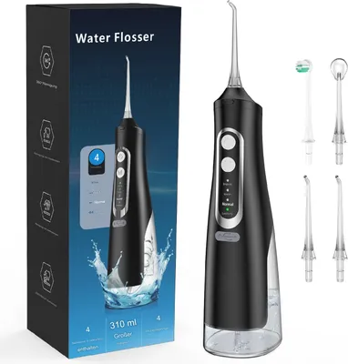 Produktbild von Leistungsstarker Munddusche, Elektrischer Zahnreiniger, 4 Modi & 4 Düsen, Kabellose Munddusche, IPX7 Wasserdichter Mundduschen-Flosser, 310 ml
