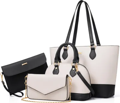 Produktbild von OKWISH Damen Handtaschen Set 4-teilig Schwarz-Weiß, Handtasche, Schultertasche und Umhängetasche, Modisches Taschen Set für Alltag,Shopping und Reisen