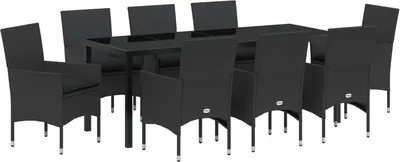 Produktbild von Möbel 9-teiliges Garten-Essset mit Polstern Schwarzes Poly-Rattan, Gartentisch Schwarz 200x80x73 cm mit gehärtetem Glas - Gartenstühle 3379778