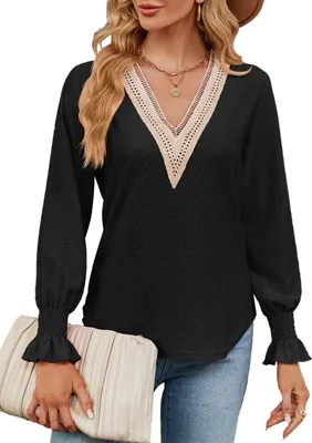 Image de ASKSA Femme Dentelle Col V Chemise Casual T-Shirts Chemise élégante Manches longues Tunique Tops, Noir, L