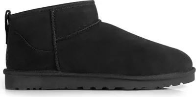 A black UGG Classic Ultra Mini boot shown from the side on a white background.