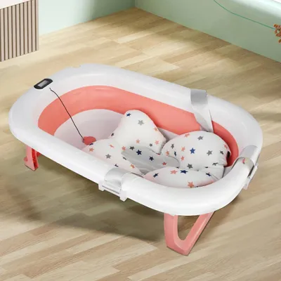 Produktbild von Baby Badewanne - Faltbare Babywanne für Neugeborene - Mit Thermometer - Mit Badekissen - PP-Kunststoff - 0–6 Monate - Rosa