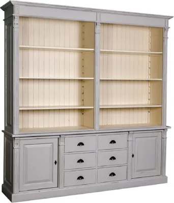 Produktbild von Casa Padrino Landhausstil Bücherschrank Antik Grau / Creme 223 x 51 x H. 240 cm - Wohnzimmerschrank mit 2 Türen und 6 Schubladen - Massivholz Schrank - Landhausstil Möbel