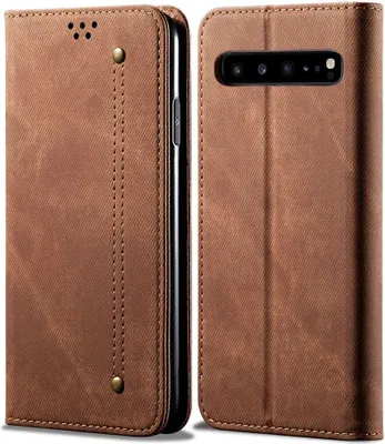 A brown flip-style phone case for a Samsung Galaxy S10 5G is shown from the front and side.