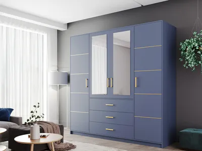 Produktbild von MIRJAN24 Kleiderschrank Tytus D4 II, Drehtürenschrank, Garderobenschrank mit Spiegel, Schlafzimmer Garderobe (Farbe: Blau / Blau + Gold)