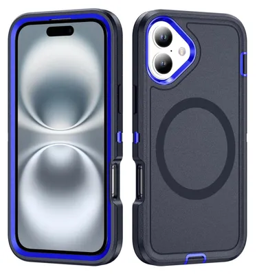 Produktbild von Mobigear Rugged Mag iPhone 16 MagSafe Hülle, Hartschalenhülle, Rückseite, stoßfest - Marineblau