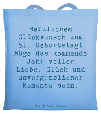 Produktbild von Mr. & Mrs. Panda Beutel Spruch 51. Geburtstag - Sky Blue - Geschenk, Tragetasche, Meilenstein, studententasche, Feiern, Jutebeutel, Tasche, Freunde, Glückwunsch, Tote Bag