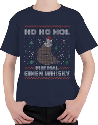 Produktbild von Ho Ho Hol mir mal einen Whisky Faultier - Ugly Christmas Sweater Weihnachten Uni Kinder T-Shirt, Navy, 140