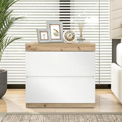 Immagine prodotto di Comodino Sweiko, comodino con due cassetti, cassettiera da letto, funzione contenitore, per camera da letto, in truciolato E1, bianco+rovere