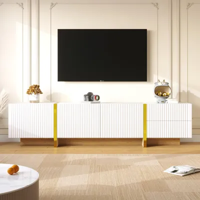 Zdjęcie produktu dla Nowoczesna szafka pod telewizor, 190 cm, 2 szuflady, 3 drzwi, lakierowana na biało, smukły i elegancki design