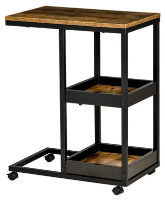 Produktbild von Beistelltisch im Industrie-Stil mit Rollen, Ablage und Kaffeetischfunktion für Wohnzimmer und Schlafzimmer, Dunkelbraun, 51 x 33 x 66 cm
