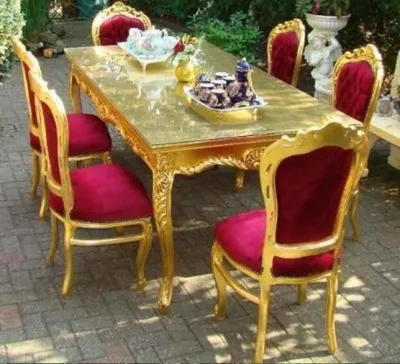 Produktbild von Casa Padrino Barock Esszimmerset Bordeaux/Gold - Esstisch + 6 Stühle