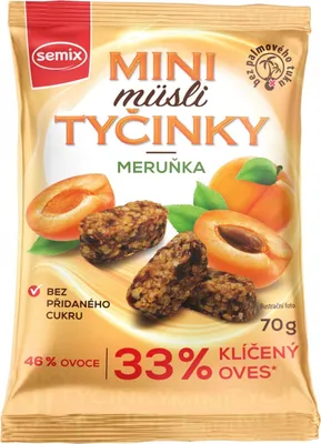 Obrázek produktu pro MINI MÜSLI TYČINKY S MERUŇKAMI BEZ LEPKU 70 G, SEMIX 70 g SEMIX