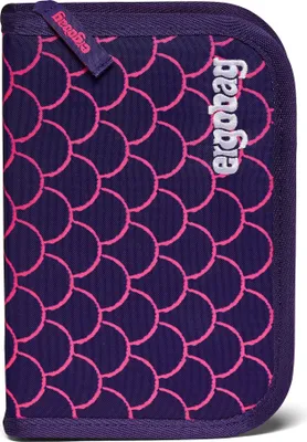 A close-up view of a purple pencil case with a pink scale pattern and the brand name 'ergobag' printed in white.