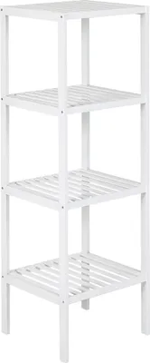 A white, four-tiered shelving unit made of bamboo.