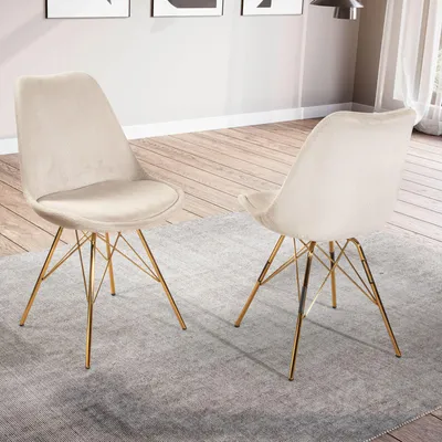 Produktbild von WOHNLING Esszimmerstuhl 2er Set Cara-Stoff Beige Küchenstuhl mit goldenen Beinen Cord-Schalenstuhl Skandinavisches Polsterstuhl mit Stoffbezug Stuhl