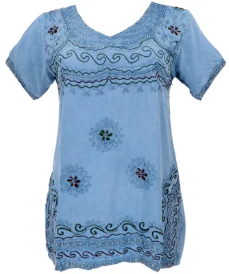 Produktbild von Bestickte Indische Tunika, Alternative Boho Bluse - Hellblau, Damen, Viskose, Blusen & Tunikas