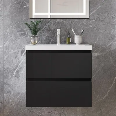 Produktbild von 60 cm Badmöbel-Set Unterschrank mit Mineralguss waschtisch 2 Schubladen soft-close Hochglanz Schwarz Selbstmontierter