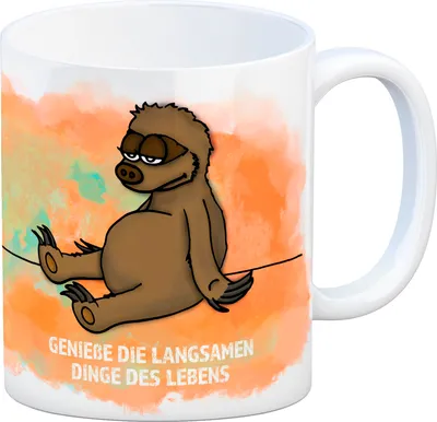 Produktbild von Kaffeebecher mit Faultier Motiv und Spruch: Genieße die langsamen Dinge des ...