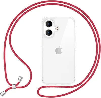 Obrázok produktu pre NALIA Priehľadné puzdro so šnúrkou pre iPhone 16, priehľadné ochranné puzdro s retiazkou na mobilný telefón, puzdro na mobilný telefón červené