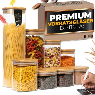 Immagine prodotto di Elzusha - Set di 8 contenitori in vetro quadrati con coperchio in bambù, capacità 5,2 litri