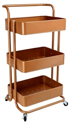 Produktbild von Mobiler Servierwagen für Küche, Bad und Büro mit 3 Ebenen, Küchenrollwagen, Werkzeugwagen, Bastelwagen, Allzweckwagen mit Schiebegriff, Kupfer-Edition, 43 x 32 x 86 cm