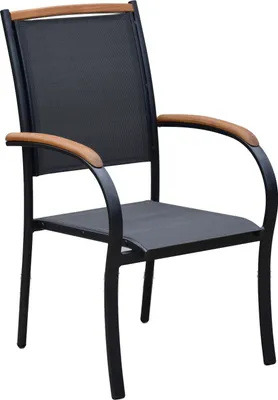 A single outdoor chair with a black frame, gray mesh seat and back, and wooden armrests, isolated on a white background.