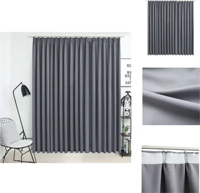 A collage of images showing a grey curtain, a close-up of the fabric, and a detail of the curtain hooks.