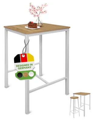 Produktbild von BeFair Bartisch mit Barhocker Set Eiche und weiß - Stehtisch mit Barhocker 2er Set - Hochtisch mit Barstuhl Set –Tisch 60x60x100 und Zwei Hocker 70 cm