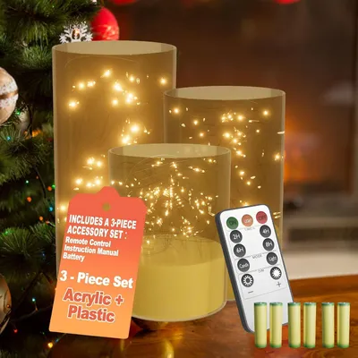 Obrázok produktu pre Sada 3 LED sviečok LARS360 s diaľkovým ovládaním, zabudovaným efektom plameňa, časovačom, možnosťou stmievania, bezdrôtové, vrátane 6 batérií AA, výška 10/12,5/15 cm, zlatá farba