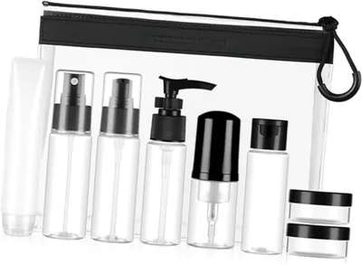 Produktbild von 9 Stück Reise mit Schwarzen Kunststoff Pumpflaschen Tragbare und Nachfüllbare Reisespender für Shampoo und Creme für Unterwegs und Reisen