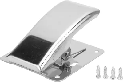 A shiny silver metal fish gripper with a flat base and four screws on a white background.
