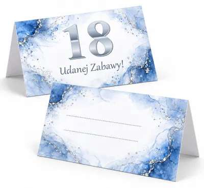 Zdjęcie produktu dla Winietki na Stół na 18 Urodziny Błękitna Akwarela Srebro - 6 szt