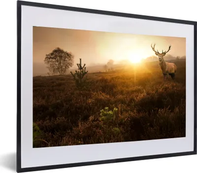 Produktbild von MuchoWow® MuchoWow® Gerahmtes Poster Hirsche - Nebel - Sonnenuntergang 60x40 cm - Poster mit zchwarzem Bilderrahmen - Schlafzimmer - Plakat in Rahmen - Drucken