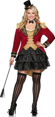 A woman in a circus director costume.