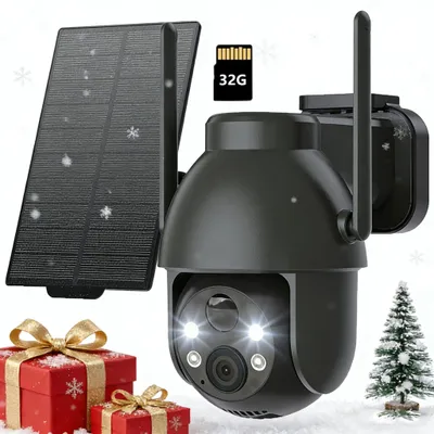 Image de 2K caméra de surveillance extérieure batterie 360° PTZ caméra WLAN sans fil avec vision nocturne couleur caméra solaire surveillance extérieure PIR détecteur de mouvement avec carte 32G