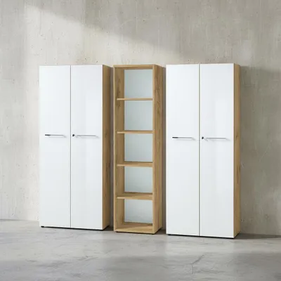 Produktbild von Aktenschrank Set 3-teilig Schrankwand | 5 Ordnerhöhen | 2 Schrank Abschließbar & Regal | Glasfront Soft-Close | Chalet-Eiche-Nb./Weiß Serie MUENCHEN Kadima Design
