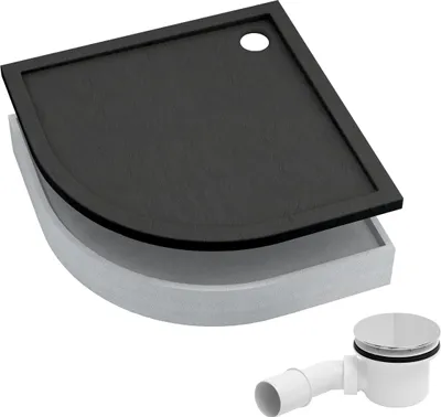 A black quarter-circle shower tray with a grey base and a white drain fitting.