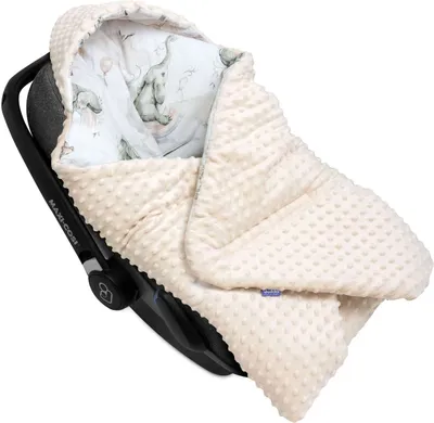 JUKKI® Baby EINSCHLAGDECKE 90x90 cm MINKY mit Kapuze [Elephant's Paradise Beige Ecru] für Babyschale Decke Kinderwagen Kindersitz