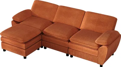 Immagine prodotto di AIOREBR Divano moderno modulare a L con pouf, in velluto a coste, divano combinato a 3 posti, pouf estraibile, comodo, flessibile per il soggiorno, arancione
